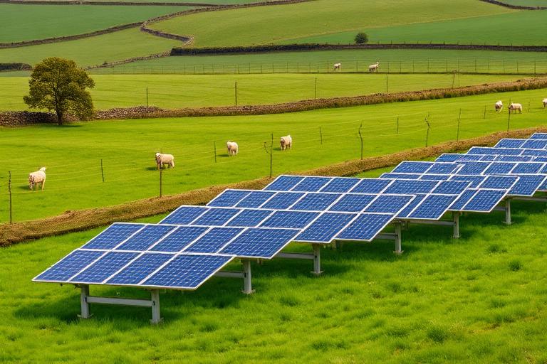 Agricultural solar panels on barn roof with Devon farmland