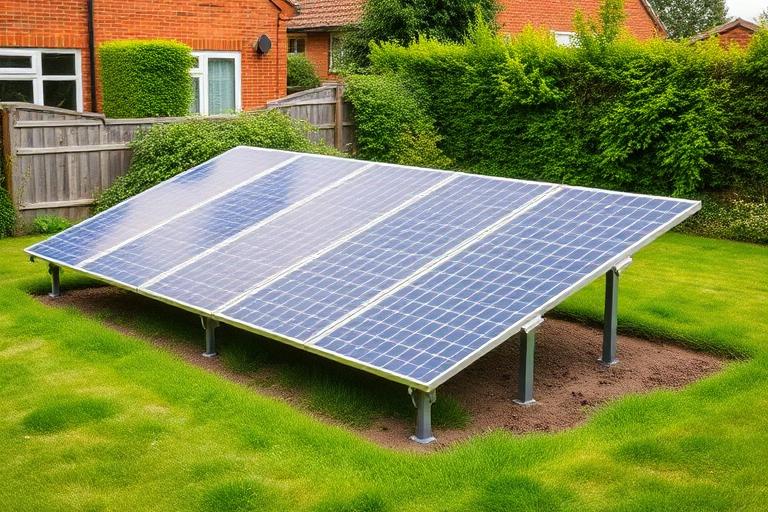 Ground mounted solar panel array on open land in rural Devon