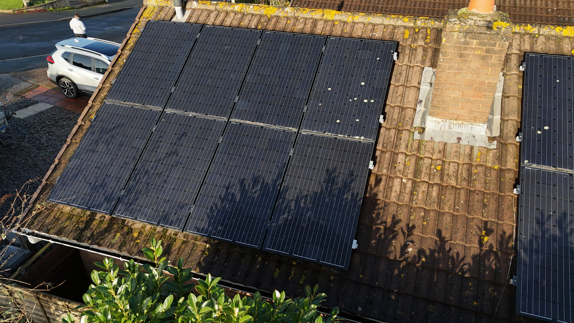 Aerial view of a domestic rooftop solar installation completed on a Devon home by Engage Solar